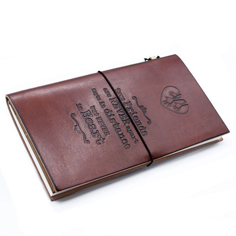 Handmade Leather Journal, True Friends, brown cover with embossed wording and a black elastic band