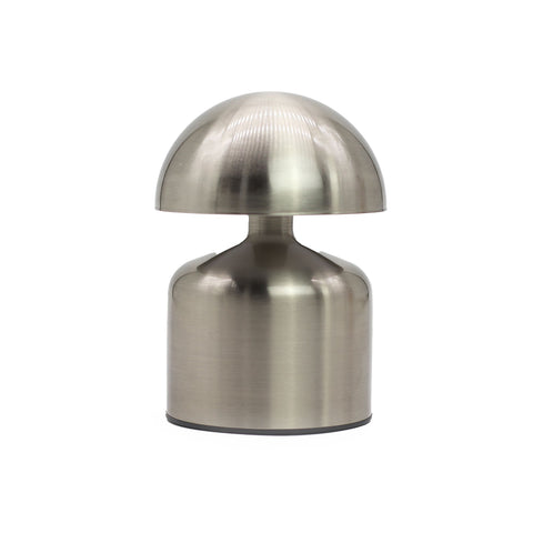 Silver dome mushroom touch lamp shown alone from the front against a white background