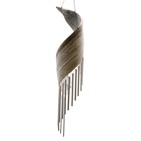 Whitewashed coconut leaf wind chimes shown hanging at an angle against a plain white background