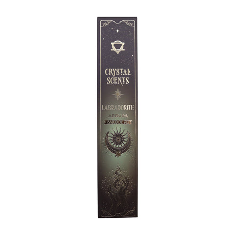 Labradorite Crystal Scents Smudge Incense, Arruda single slim box standing upright against a plain background