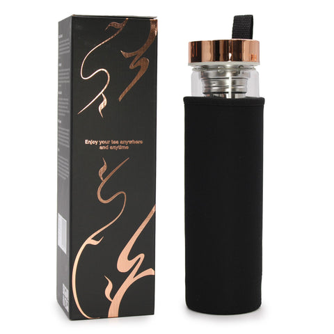 Crystal Glass Tea Infuser Bottle, Rose Gold, Onyx beside its black and rose gold box, with a black sleeve