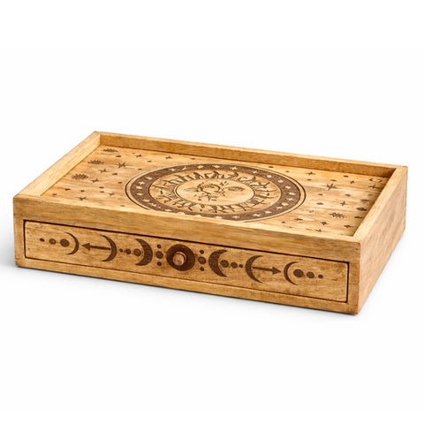 Sun Moon Carved Tarot Box with Drawer, tan box shown closed at an angle, with sun and moon carvings