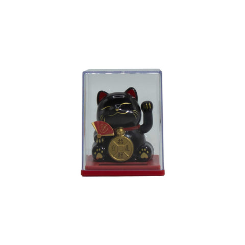 Black waving money cat with gold details inside a clear display box with a red base