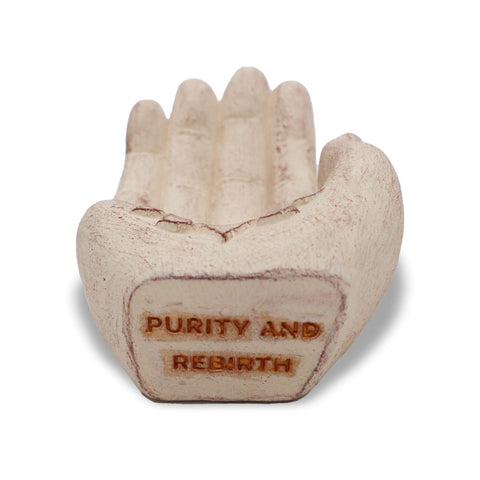 Hand Incense Burner, Lotus (white), upright front view showing the raised fingers and “Purity and Rebirth” text
