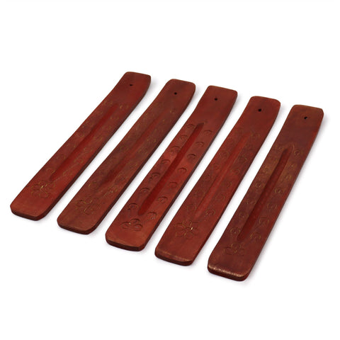 Carved Mango Wood Ashcatcher 10" in reddish brown, five long carved holders arranged on a white background