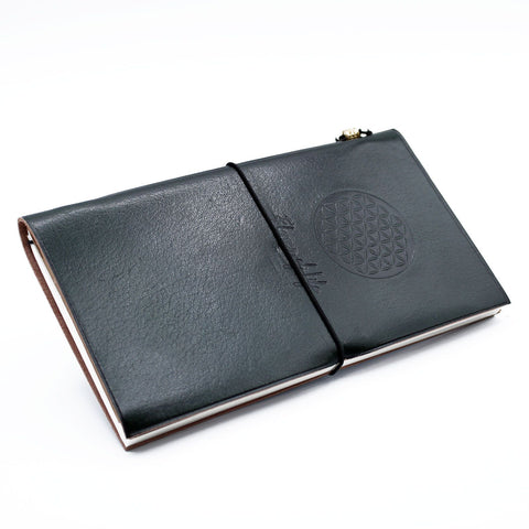 Handmade Leather Journal, Flower of Life, Green, closed with an elastic strap and embossed circular design
