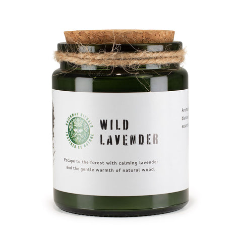 Close-up of the green Wild Lavender candle jar, showing its white front label, cork lid and twine