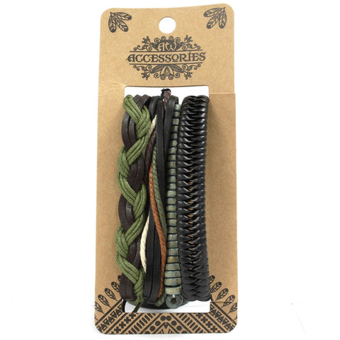 Green and dark bracelet set with braided, smooth and coiled bands displayed on its kraft card