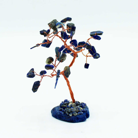 Sodalite gemstone tree shown alone from the front, with its blue agate base visible