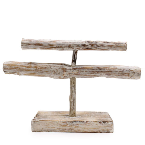 Double Branch Jewellery Stand, Whitewash, two horizontal branches on a rectangular base, front view