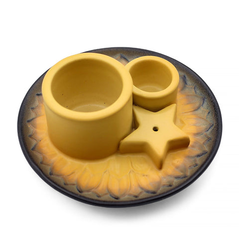 Palo Santo Stick & Smudge Holder, Mandala, Sand & Grey, yellow holders and star on a patterned round dish