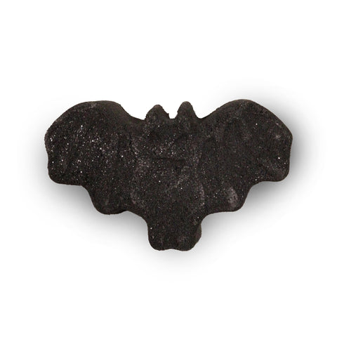 Bat bath bomb shown from the front, with a black glittery bat shape on a white background