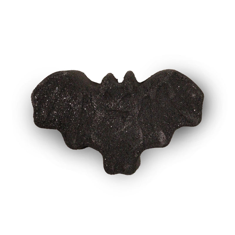 Bat bath bomb shown from the front, with a black glittery bat shape on a white background