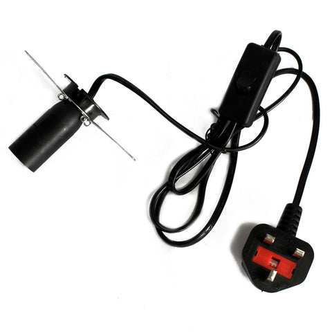 Salt lamp fitting with black cable, inline switch and plug, laid out with the lamp holder exposed