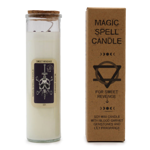 Magic Spell Candle for Sweet Revenge next to its kraft box marked For Sweet Revenge, with a skull and dagger illustration