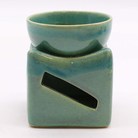 Lucky Coin Large Oil Burner, Jade, front view with a top bowl and narrow diagonal opening