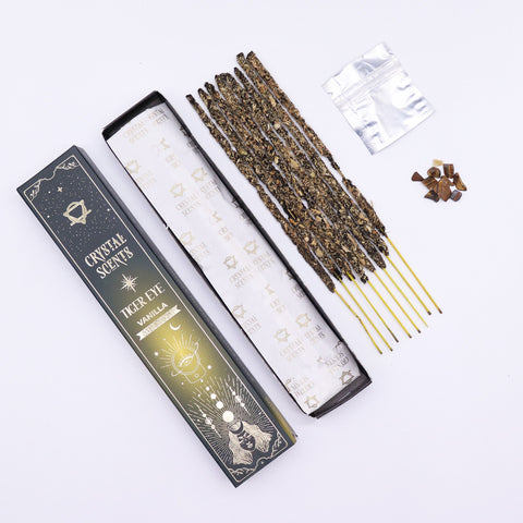 Tiger Eye Crystal Scents Smudge Incense, Vanilla, open box with incense sticks, crystals and a sachet