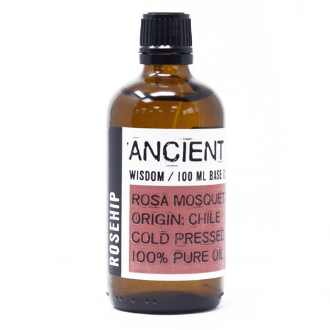 Rosehip Oil, 100ml in an amber bottle with a black cap and pink label, front view