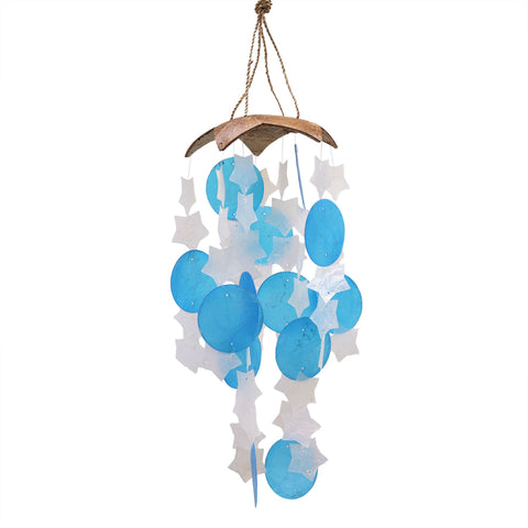 Coconut & Capiz Windchimes, Blue and White Stars, 30cm, hanging against a plain white background