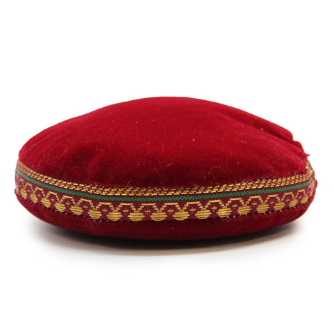 Singing Bowl Velvet Cushion, 11cm, round red cushion with patterned gold and green trim on white