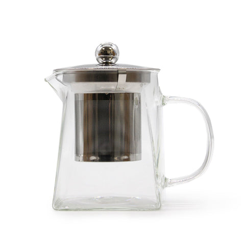 Tower-shaped glass infuser teapot with metal lid and basket, shown alone against a white background