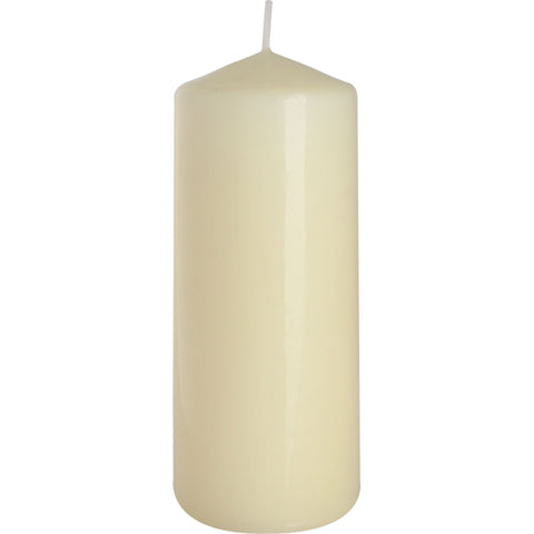 Short form pillar candle shown upright against a plain white background, with its wick visible