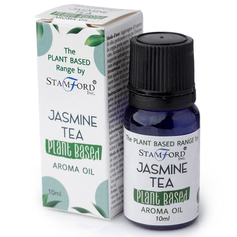 Plant Based Aroma Oil, Jasmine Tea in a dark blue bottle beside its white leaf-patterned box