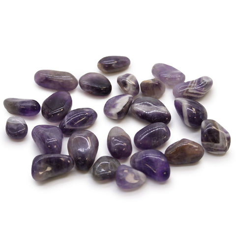 Small African Tumble Stones, Amethyst, a group of smooth purple stones on a white background
