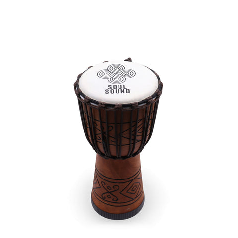 Brown Soul Sound djembe standing upright, viewed from above against a plain white background