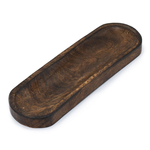 Mango wood incense tray shown empty from above at an angle on a white background