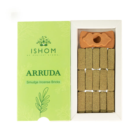 Pack of 15 Natural Incense Smudge Bricks and Burner, Arruda in an open green box, viewed from above