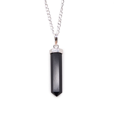 Gemstone Classic Point Pendant, Black Agate, a black pointed pendant on a silver chain against white