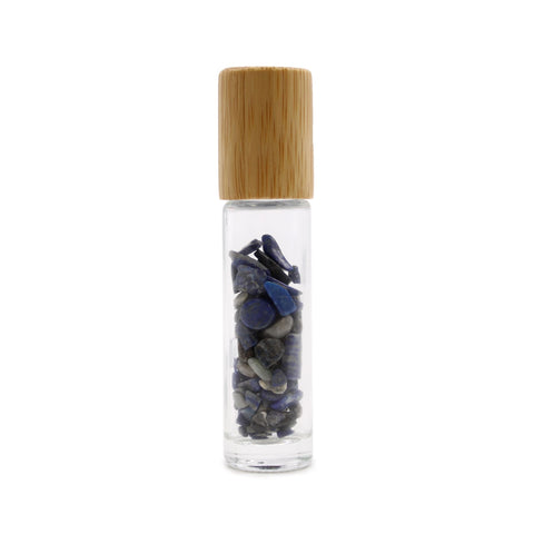 Gemstone Essential Oil Roller Bottle, Sodalite, Wooden Cap with blue stones in a clear glass bottle, front view