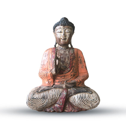 Vintage Orange Hand Carved Buddha Statue, 60cm, Teaching Transmission