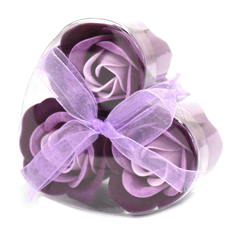 Set of 3 Soap Flower Heart Box, Lavender Roses in a clear heart-shaped box with a lavender bow