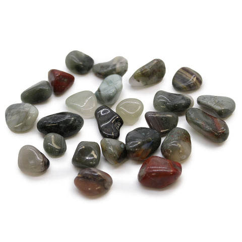 Small African Tumble Stones, Bloodstone, Sephtonite, scattered polished stones in mixed grey, green and red