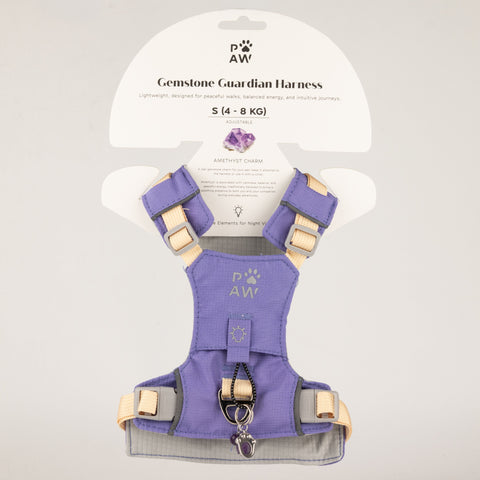PAW lavender step-in harness with amethyst paw charm, shown from the front