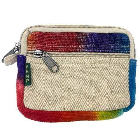 Square hemp pouch shown from the front against a white background, with two zipped compartments