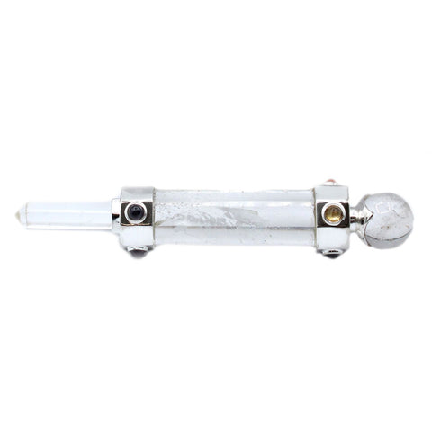 Hexagonal crystal wand with a clear-looking shaft and silver-coloured fittings