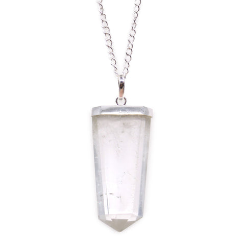 Gemstone Flat Pencil Pendant, Rock Quartz, clear pointed stone pendant on a silver chain, front view