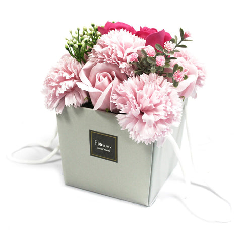 Soap Flower Bouquet, Pink Rose & Carnation in a pale grey gift box, viewed from the front