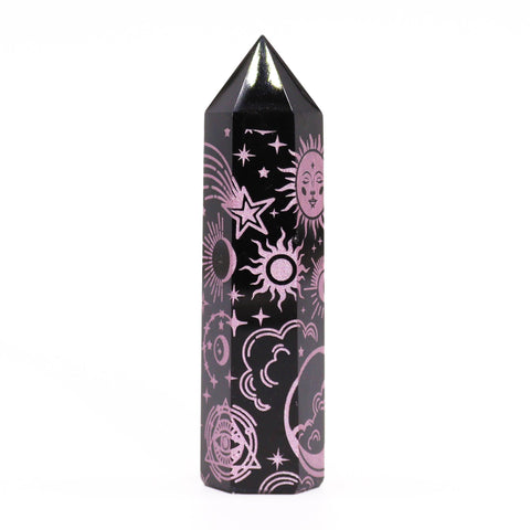 Black Obsidian Point, Mystic Story, Rose Pink, upright with pink celestial designs on a white background