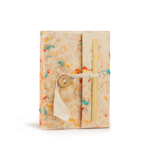 Mini Lokta notebook shown closed from the front on a white background, with its string and button fastening
