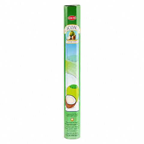 HEM Coconut incense sticks in a tall green hexagonal pack