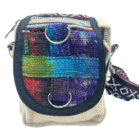 Tiedye Hemp Messenger Bag with a colourful patchwork flap, dark trim and patterned shoulder strap