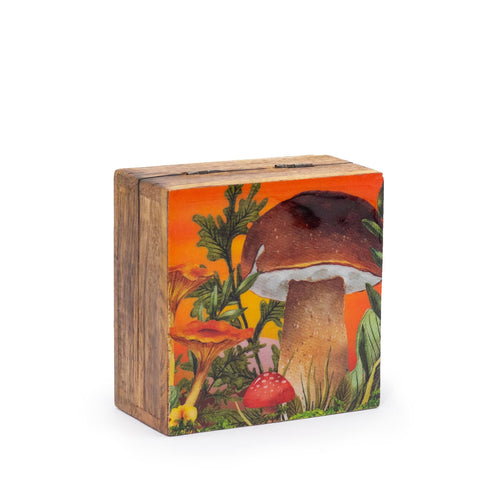 Small Enameled Square Box, closed view with a colourful mushroom design on an orange and maroon front