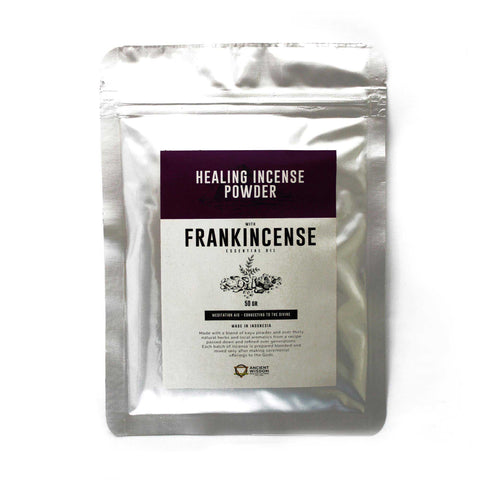 Frankincense incense powder in a silver pouch, front label
