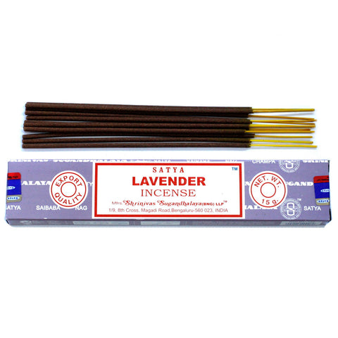 Satya Incense 15gm, Lavender, brown sticks laid above the open purple box, front label visible