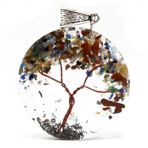 Orgonite Power Pendant, Round Amethyst Tree with a reddish tree design and colourful fragments in a round pendant