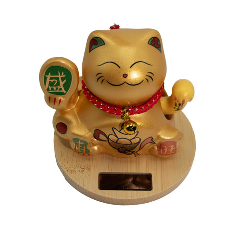 Solar Money Cat Wooden Base, Gold waving cat holding a coin, shown from the front at an angle
